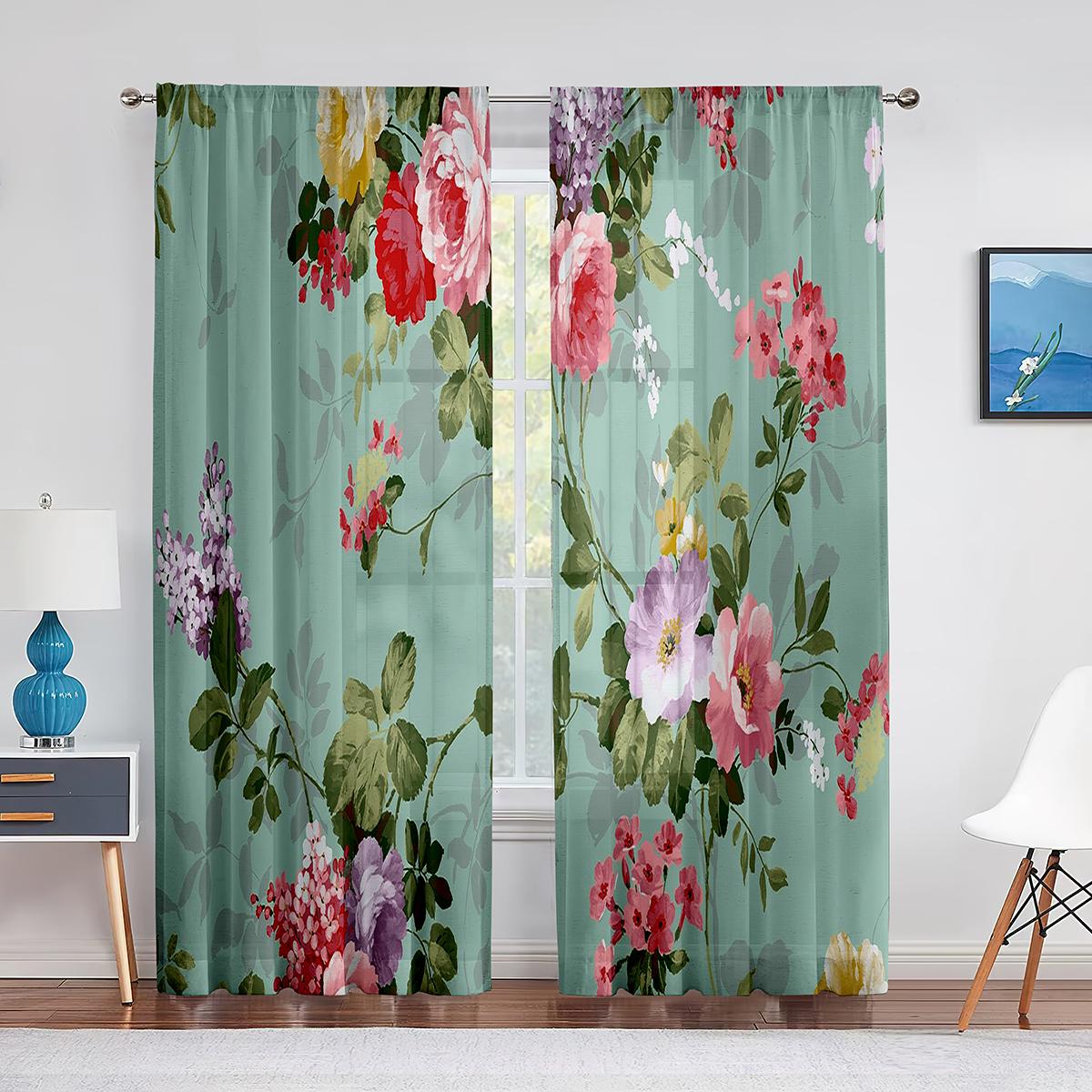 

Романтическая роза с цветочным принтом, прозрачная вуаль, шторы для спальни, гостиной, кухни, украшения, тюлевые шторы, шифоновые оконные шторы 1 PCS W100XH250cm&Grommet Top