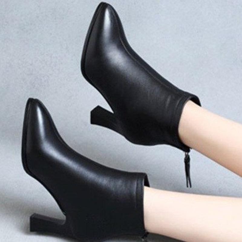 Spring, autumn and winter new soft leather high heels velvet Martin boots factory women's shoes temperament thick heel short boots single boots