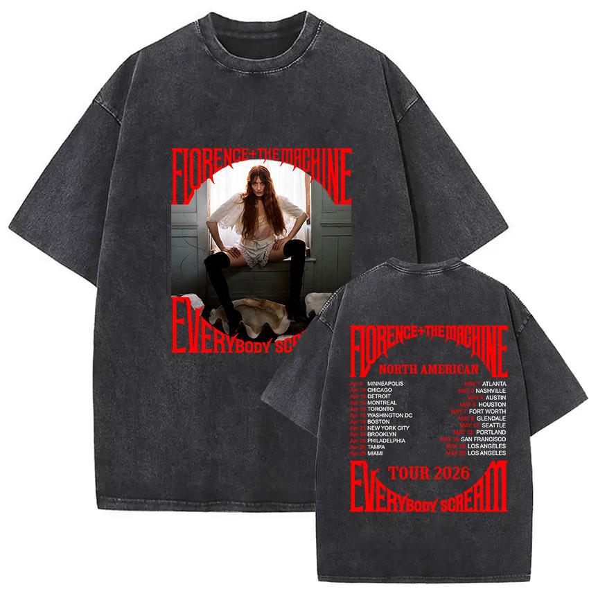 Florence and The Machine Tour  Vintage Washed T Shirt Men Women Harajuku Aesthetic Oversized Cotton Tshirts Yk Streetwear