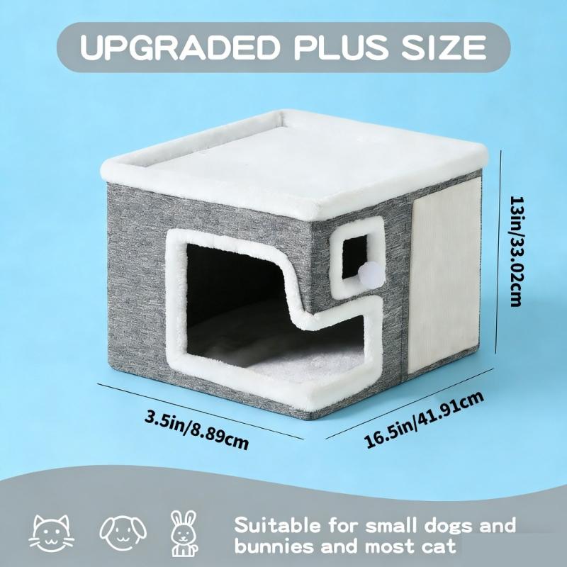 Double Layer Cats Cave Bed with Scratching Pad Foldable Design Space Saving Cats Shelter House for Indoor Habitats