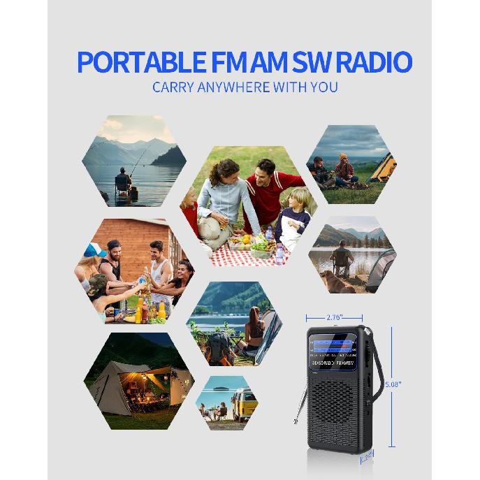 Portable AM FM SW Battery Operated Radio with Shortwave, Back Clip Transistor Radios with Emergency LED Flashlight, 3.5mm Earphone Jack