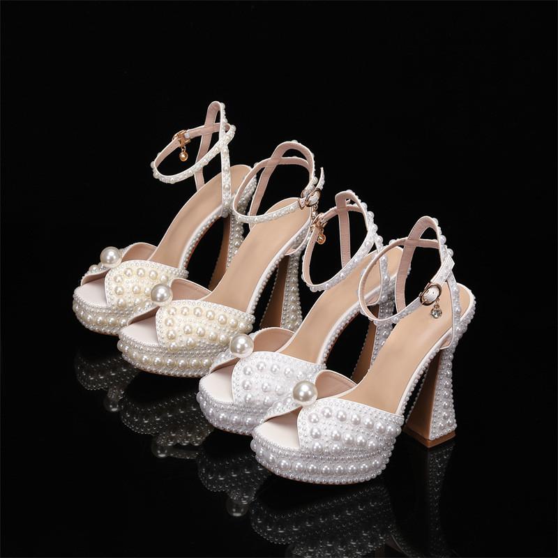Fashion Summer Beaded Thick Heeled Women Gladiator Sandals Luxury Pearls Platform Wedges 14cm High heels Fashion Wedding Banquet Shoes
