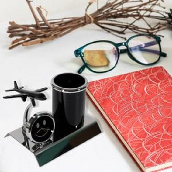 Samolot Miniaturowy Metalowy Stojak Na Długopisy Z Zegarem, Stylowy Organizer Biurkowy, Uchwyt Na Ołówki, Elegancki Zestaw Upominkowy Firmowy, Trwały