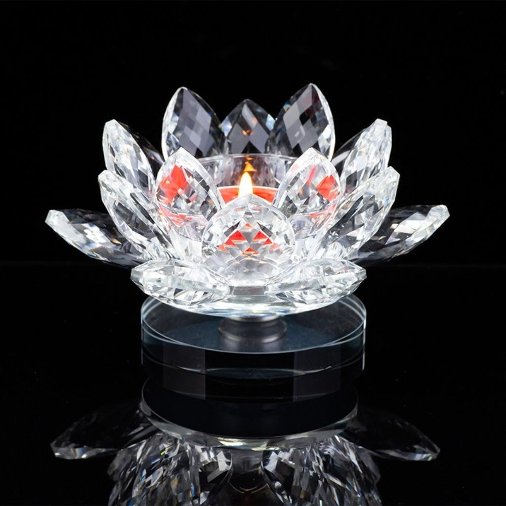 Hoom Decor Crystal Lotus Candle Holder Glass Ornament Lotus Flower Candlestick Sparkling Clear Lotus Figurines Candle Stand