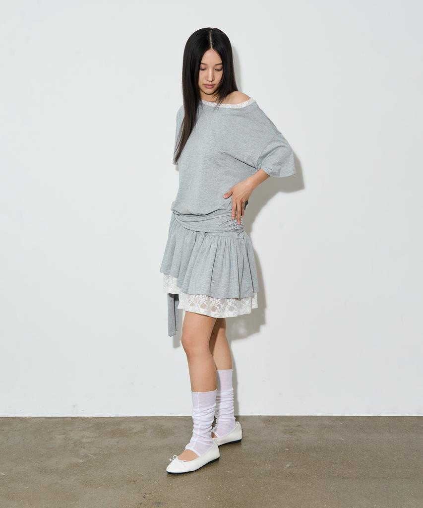 Seul Asymmetrical Off-Shoulder Lace Dress_Gray