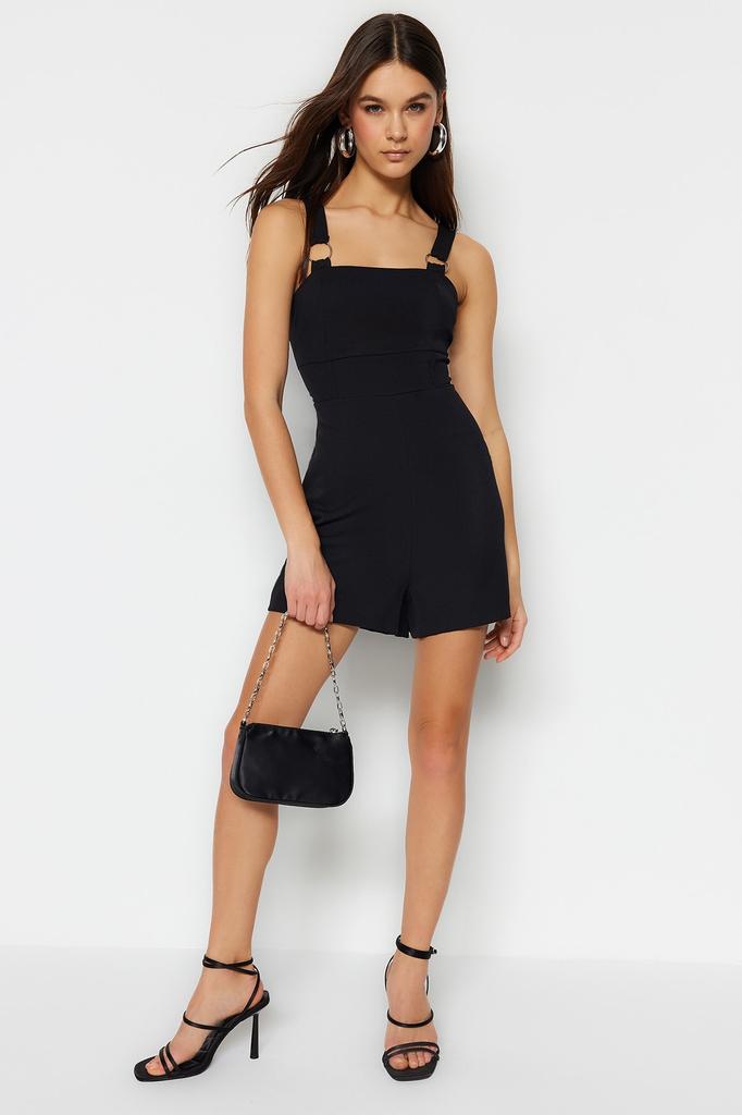 Women's Fashion Jumpsuit Square Collar Strappy Fuchsia Belted Strap Mini Woven Jumpsuit