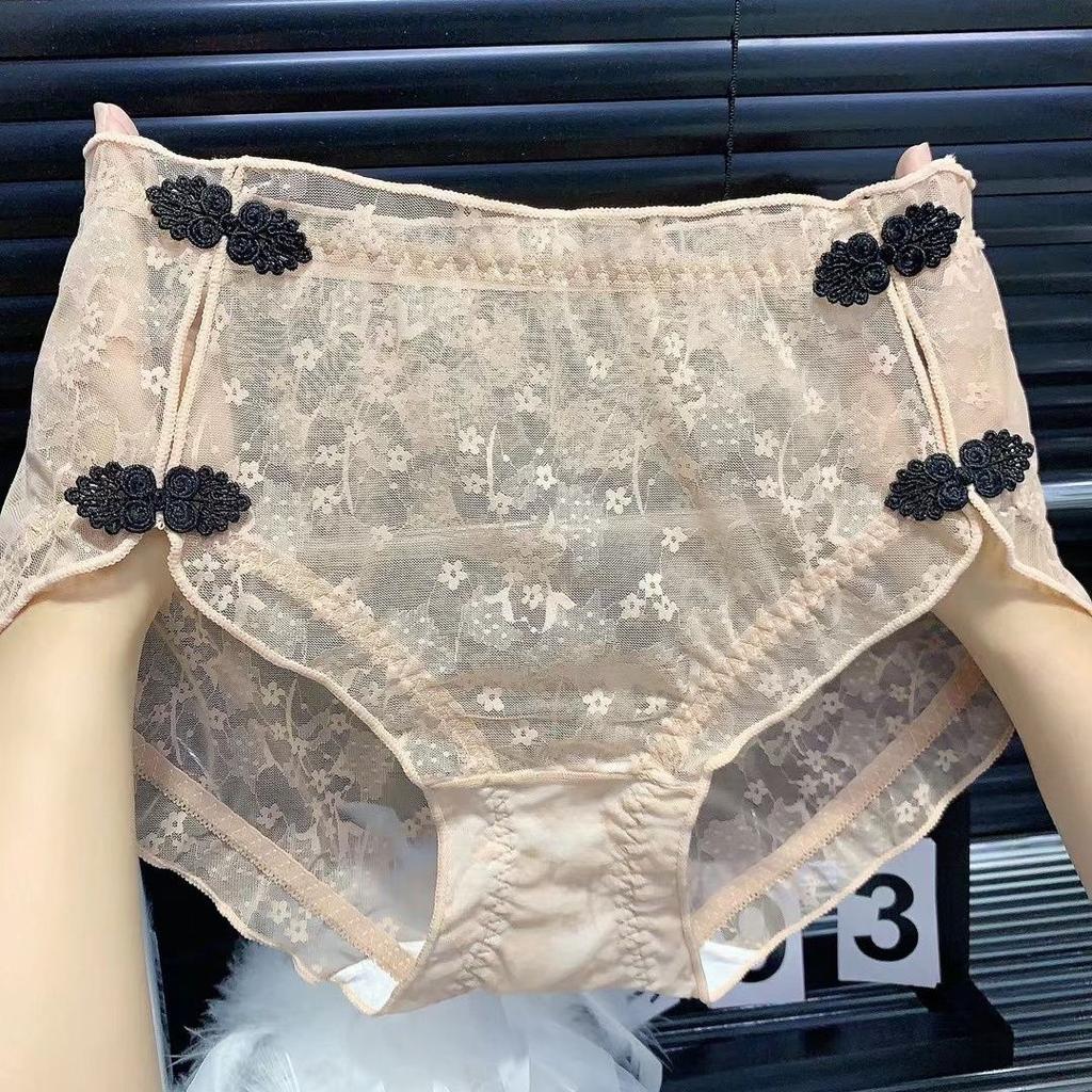 High Waisted Personalized Plus Size Lace Buckle Underwear for Women Chinese Retro Qipao Sexy Triangle Pants Mesh