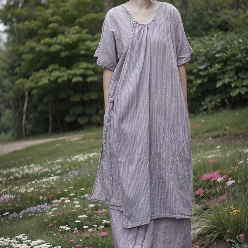 

Johnature Women Vintage Jacquard Dress O-Neck Short Sleeve Summer High Quality Female Chinese Style Dress One Size светло-фиолетовый