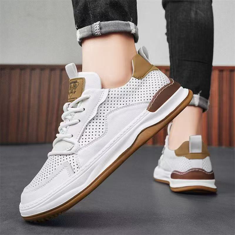 2025 new little white shoes soft sole not tired feet hollow breathable soft sole Korean version trendy shoes flat shoes men's high sense