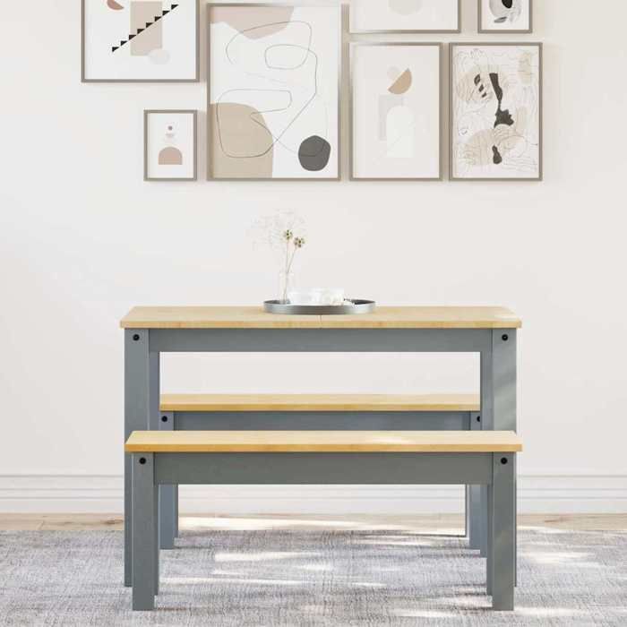 VidaXL Panama 3-piece Dining Set Grey Solid Pine Wood, Dining Table Set, Kitchen Table and Benches, 3345165