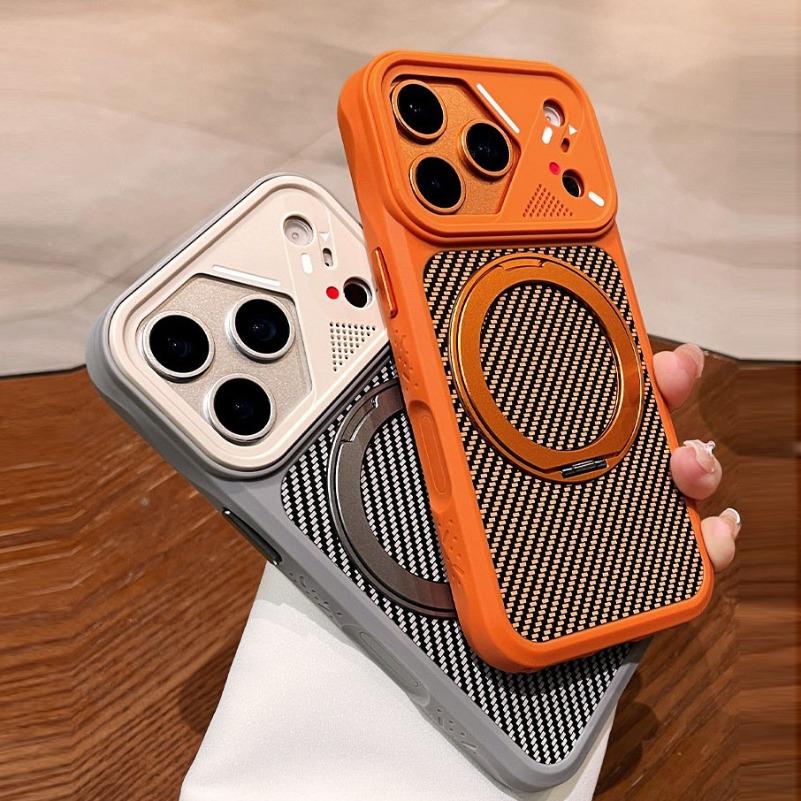 Business Carbon Fiber 360 Magnetic Stand Holder Case for iPhone 17 Air 16 14 15 Plus 13 12 11 Pro Max For Magsafe Slim Mat Cover