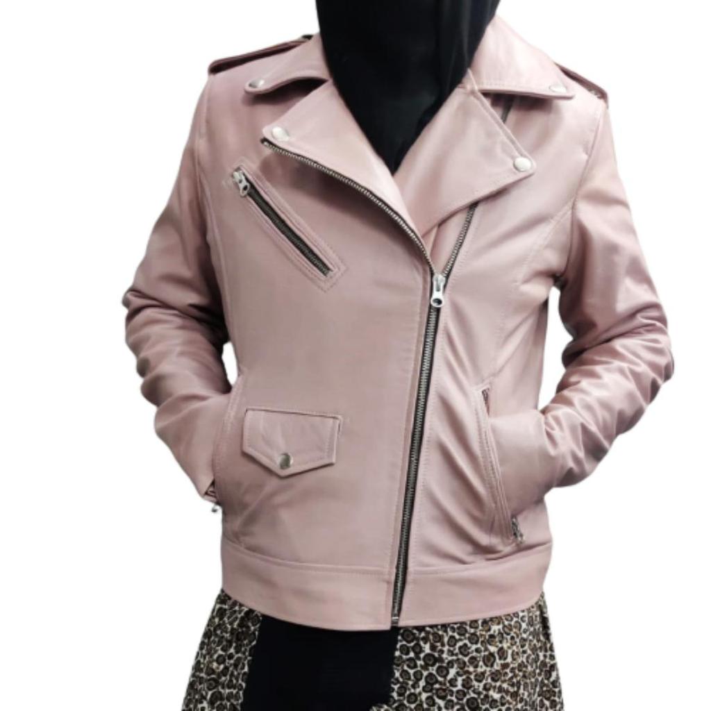 NOORA Women's Baby Pink Lambskin Leather Jacket | Quilted Designer Biker Leather Jacket | Shinny Winter Jacket