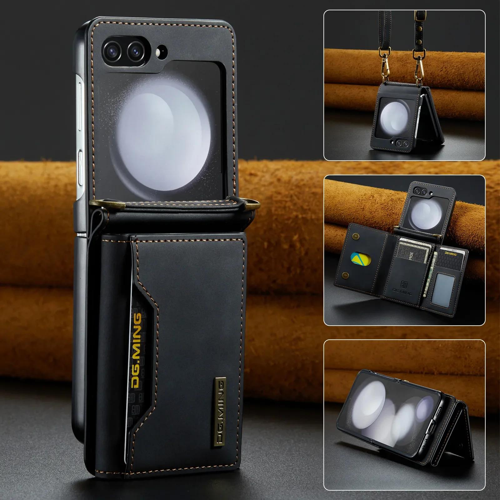 

Многофункциональный кожаный чехол-кошелек для карт Samsung Z Flip 6 5 4 3 5G Crossbody Lanyard Phone Bag для Galaxy Z Flip6 Flip5 Flip4 for Samsung Z Flip 5 чёрный