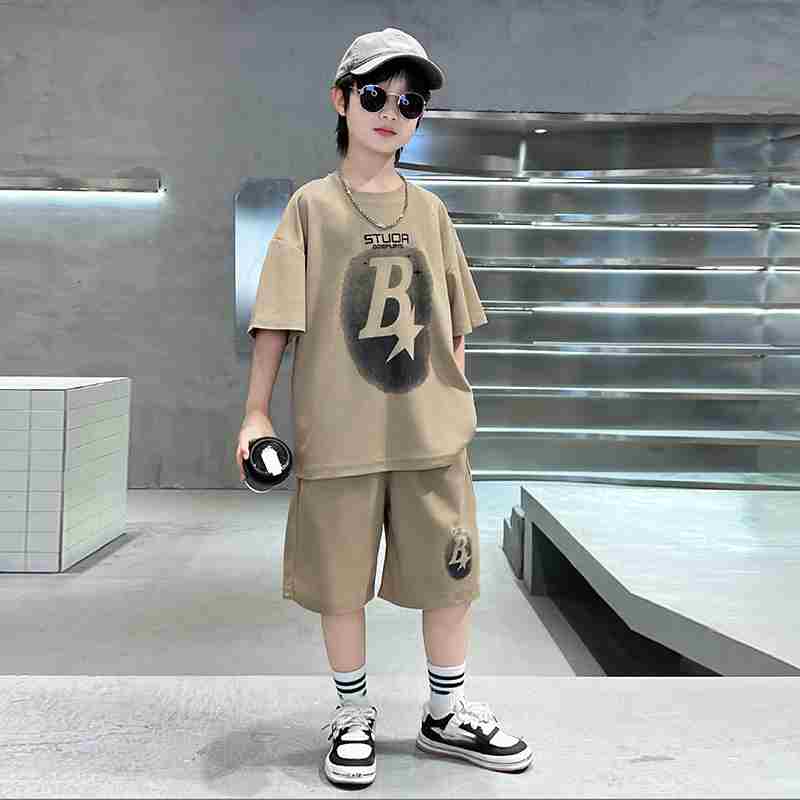 Boys' Summer Stylish Set Medium-Large Kids' Short-Sleeve Top + Shorts Casual Two-Piece Set
