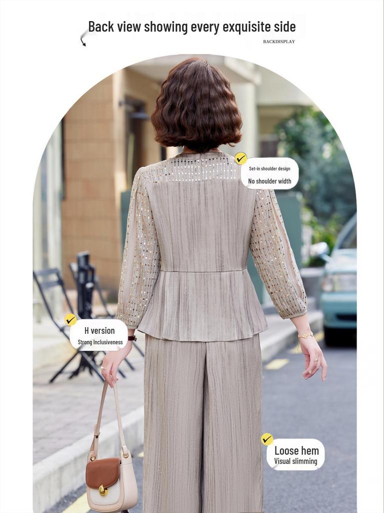 Elegant Autumn 2025 Satin Blouse & Seven-Sleeve Two-Piece Set for Middle-Aged and Elderly Women