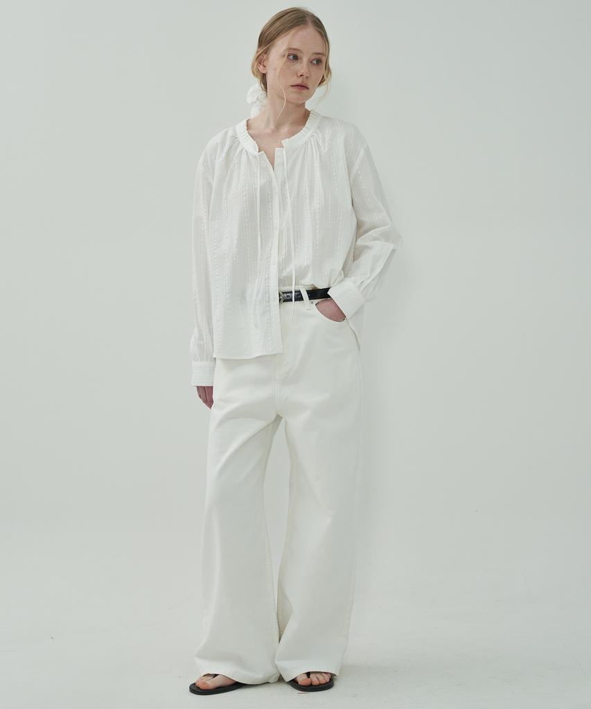 MOTT [Scrunchie Set] Shirred Cotton Blouse - Pattern White