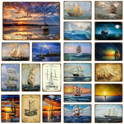 Vintage Ocean Sailing Boat Ship Art Prints Metal Poster Retro Tin Signs For Pub Bar Cafe Room Wall Decor Sailboat Plaque YJ238