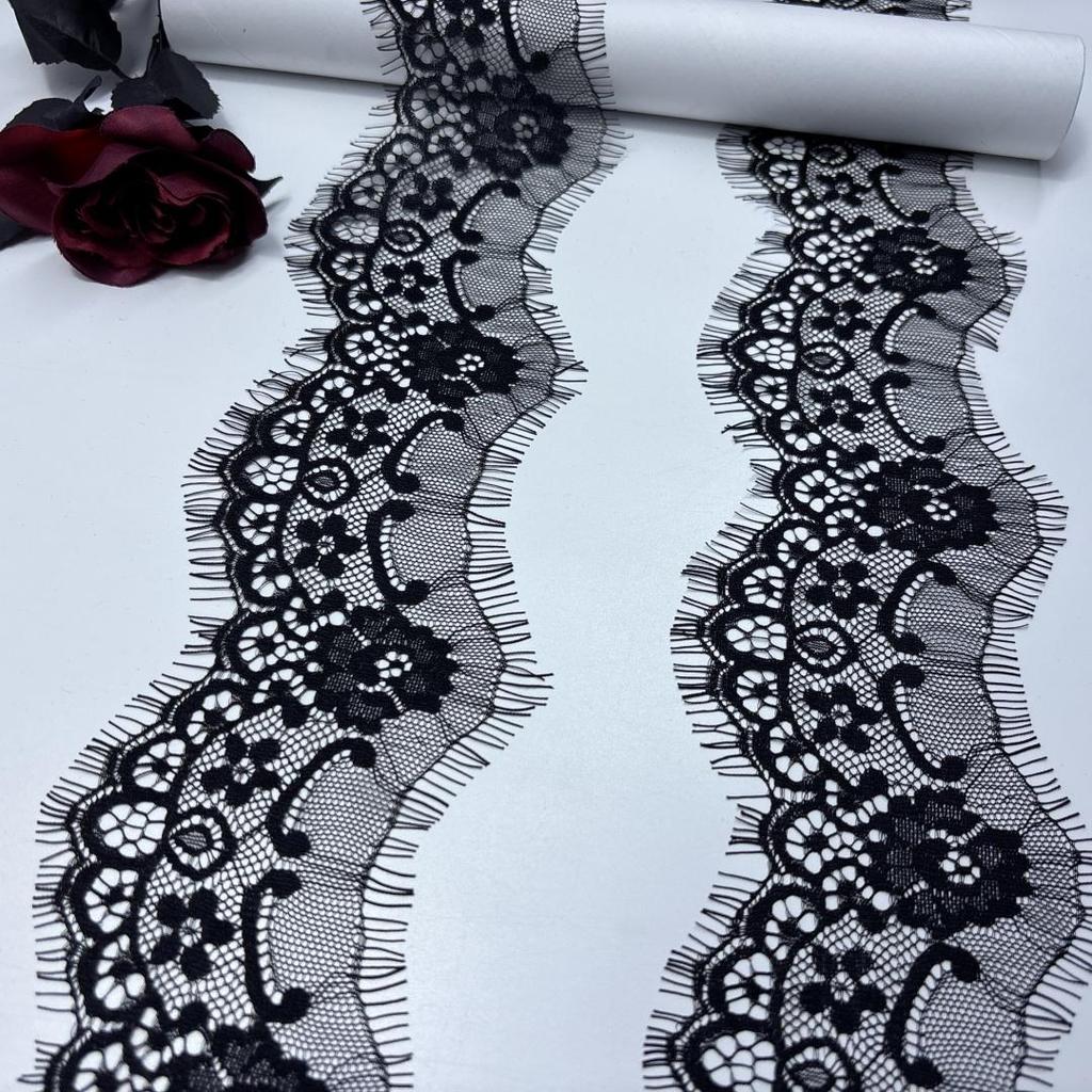 3m x 8cm Black French Chantilly Lace, Non-stretch Narrow Eyelash Lace Trim Fabric for Sewing, Bra, Underwear, Lingerie, Dress, Garment, Crafting