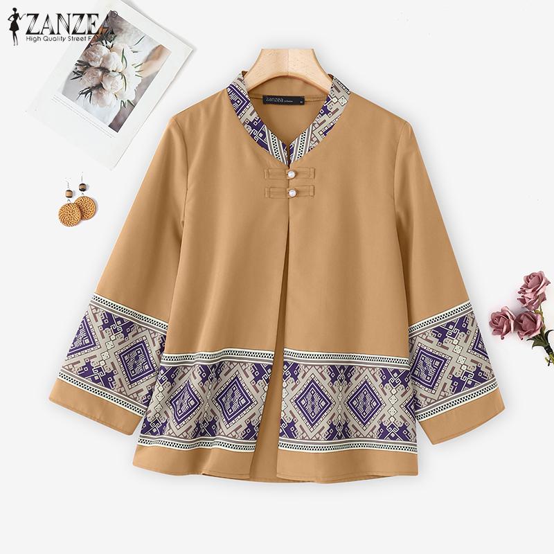 ZANZEA Women Ethnic Print Casual Round Neck Loose Long Sleeve Cardigan Blouse