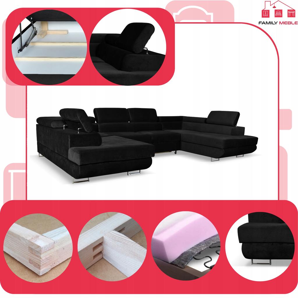 Narożnik kształt U rozkładany f. spania Bosso Family meble czarny welur