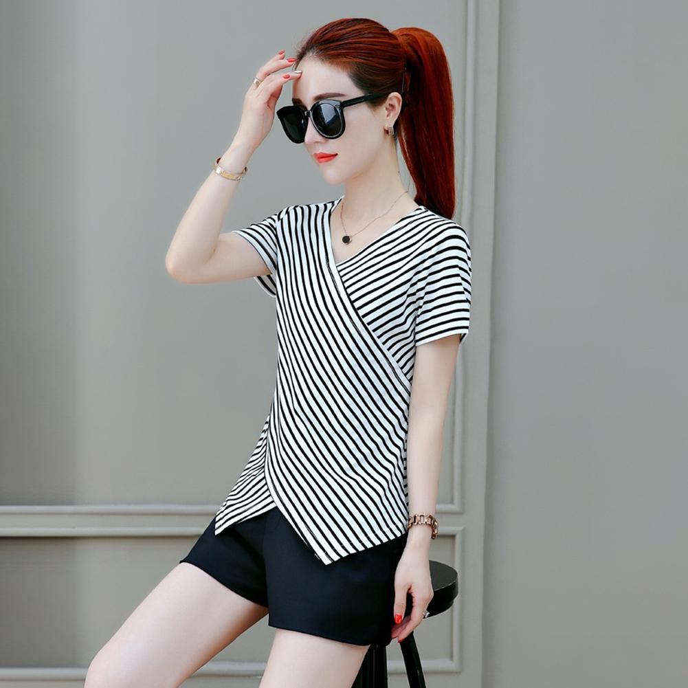 Buy Striped T Shirt Women Summer V-Neck Short Sleeve Irregular Slim ...