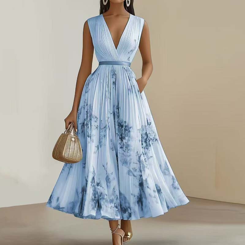 Women V Neck Sleeveless Party Draped Maxi Dresses Vintage Elegant Office Floral A-line Dress For Women Lady Chic Evening Gown