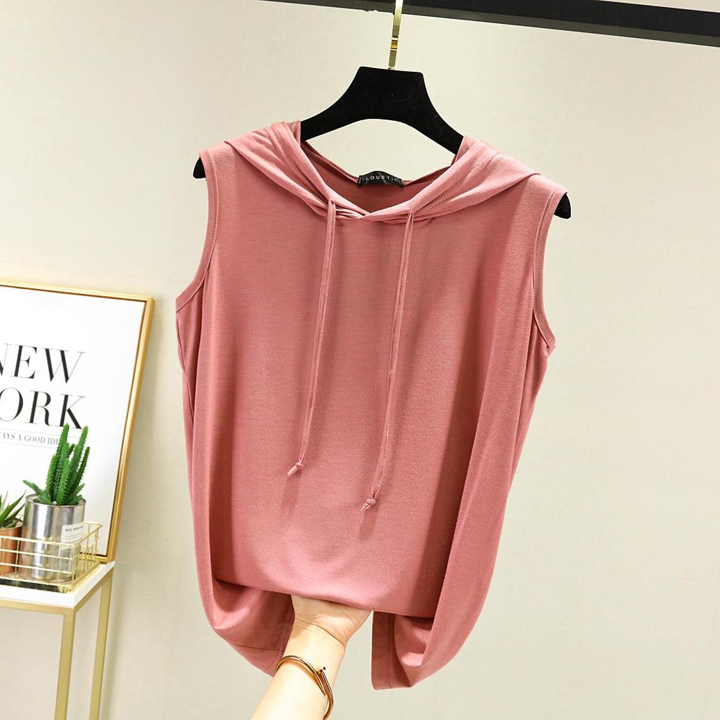 Spring Summer Women's Sleeveless Modal Vest Hooded Sweatshirt - Plus Size Slimming Loose Fit