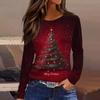 Women's Fashion Casual Slit Hem Round Neck Long Sleeve Loose Christmas Printed T-Shirt Ladies Top