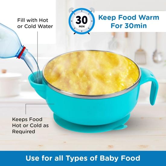 Mee Mee Baby Steel Feeding Bowl with Sunction Base | BPA Free | Food Remains Warm | Multi-Functional Snack/Fruit | Easy Grip Handle (Blue)
