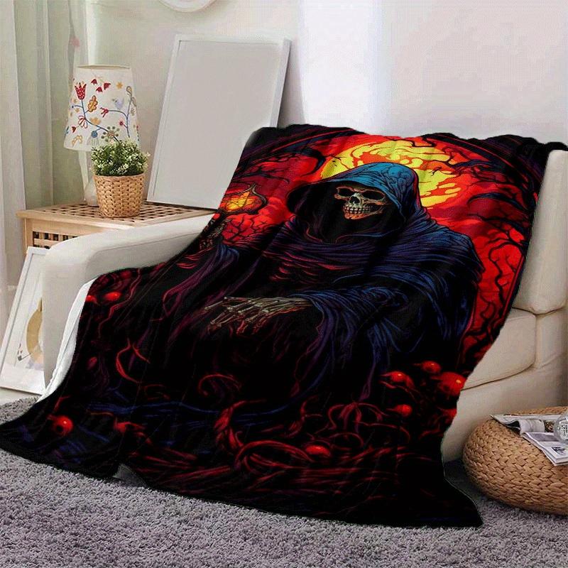 1pc Skeleton Printing Lightweight Flannel Blanket, Comfortable and Warm Blanket, for Camping Sofa Bed and Couch Office, Gift
