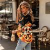 Women's Halloween Print Three-Quarter Sleeve Round Neck Blouse with Tie Front and Ruffle Hem