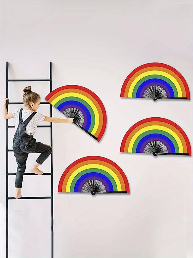 1 Rainbow Handheld Fan Plastic Dance Folding Fan Dance Performance Folding Fan Cosplay Wedding Party Props Decorative Fan