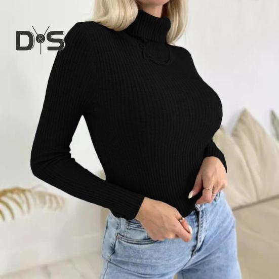 Damen-Pullover mit hohem Kragen, elastischem, atmungsaktivem Stoff, einfarbig, Strickpullover, Lazy Style, langärmelig, Slim Fit