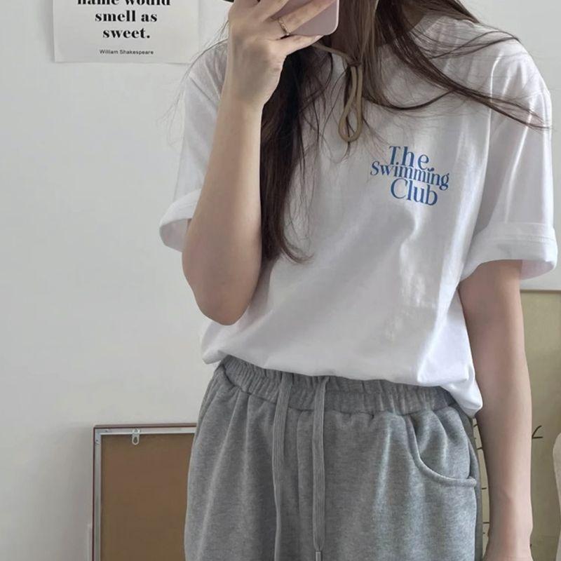 The Swimming Club White Short-Sleeved T-shirt for Women 2025 Summer New Arrival American Retro Casual Niche Style Tide