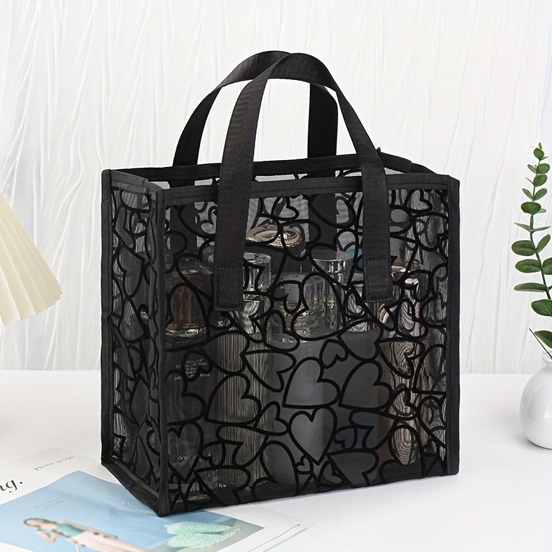 Mesh Heart Pattern Tote Bag – Lightweight, Breathable Travel & Beach Organizer with Dual Handles, Cosmetic Storage, and Stylish Cut-Out Design