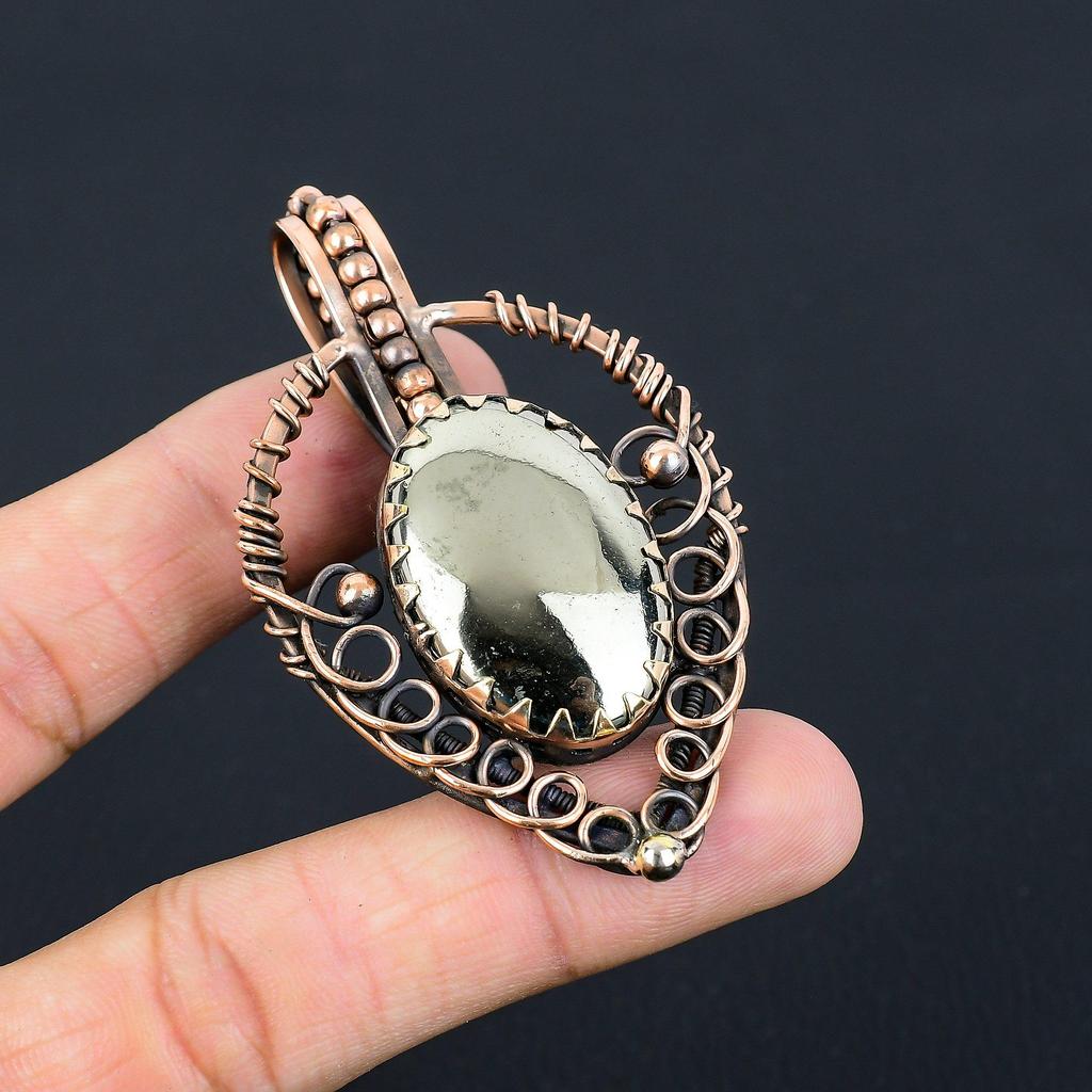 Golden Apache Pyrite Gemstone Handmade Pure Copper Wire Wrapped Pendant Jewelry