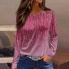Women's Fashion Casual Slit Hem Round Neck Long Sleeve Loose  Printed T-Shirt Ladies Top