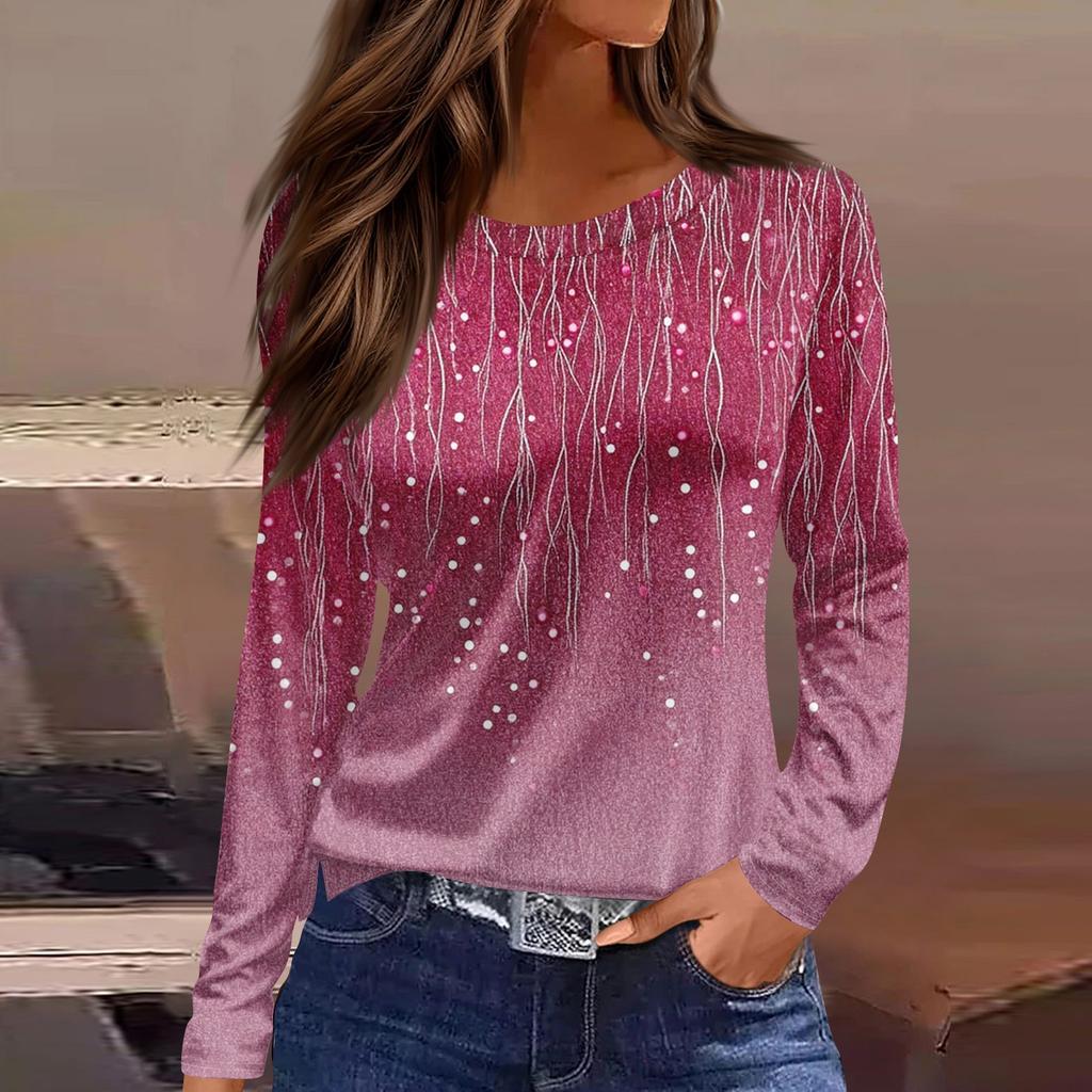 Women's Fashion Casual Slit Hem Round Neck Long Sleeve Loose  Printed T-Shirt Ladies Top