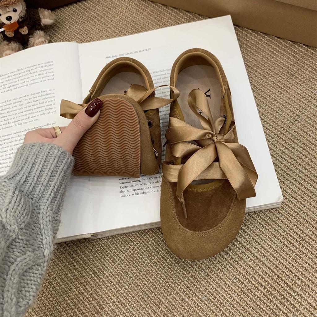 French retro style bow satin shoelaces ballet shoes Mary Jane shoes soft flat comfortable soft leather single shoes women