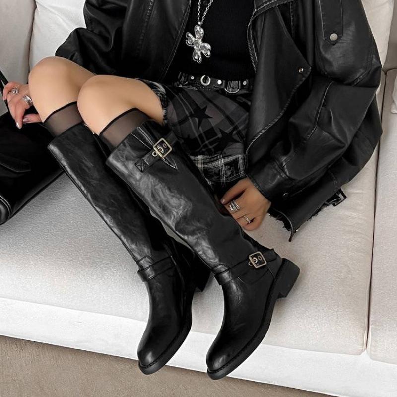 Autumn and winter women's leather boots versatile medium heel leather knight boots round head side zipper new cowhide big tube high boots
