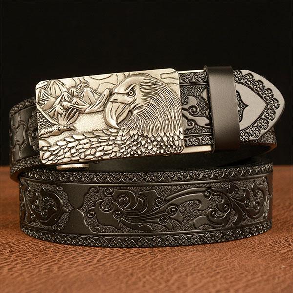 

Ремень из натуральной кожи для мужчин с резным узором в виде животного орла, автоматическая пряжка, ремень для джинсов 130cm