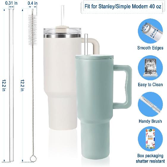 6Pcs Reble Glass Straws for Stanley 40 30 oz - 12" x 8mm Replacement Glass Straw Shatter Resistant for Simple Modern 40 oz Tumbler, Package with 2