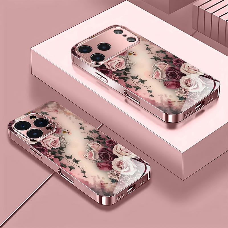 Luxury Rose Pattern Pink Metallic Tempered Glass Phone Case For iPhone 17 16 15 14 13 12 11 Pro Max 15 Plus 17 Air 16E Cover