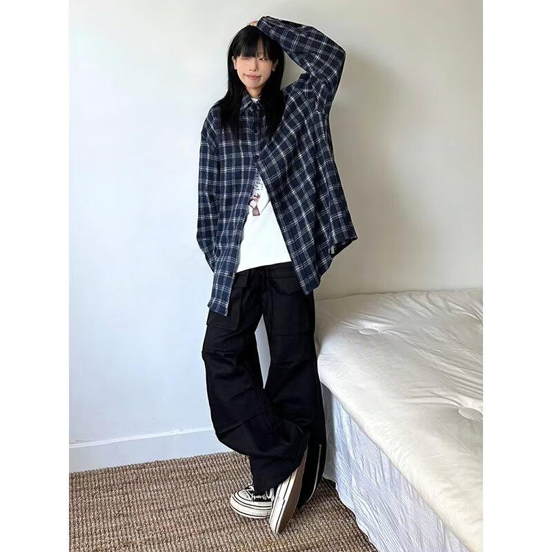 

American Plaid Shirt Spring and Autumn New plus Size Design Color Matching Long Sleeve High-Grade Couple Shirt Coat 2XL синий