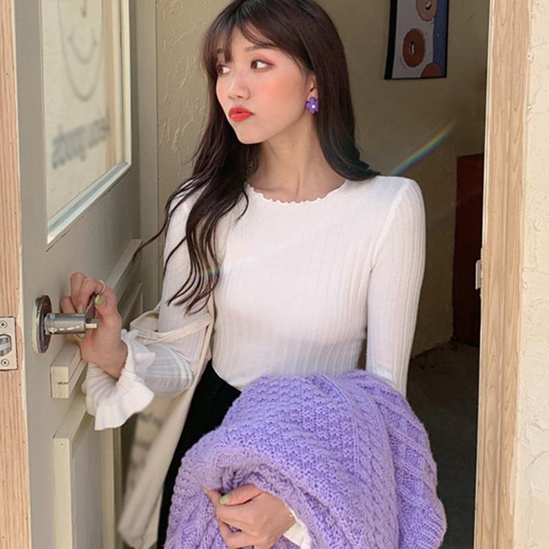 

Женские свитера с круглым вырезом, однотонные, с оборками, облегающие, повседневные, с длинным рукавом, вязаные рубашки One Size