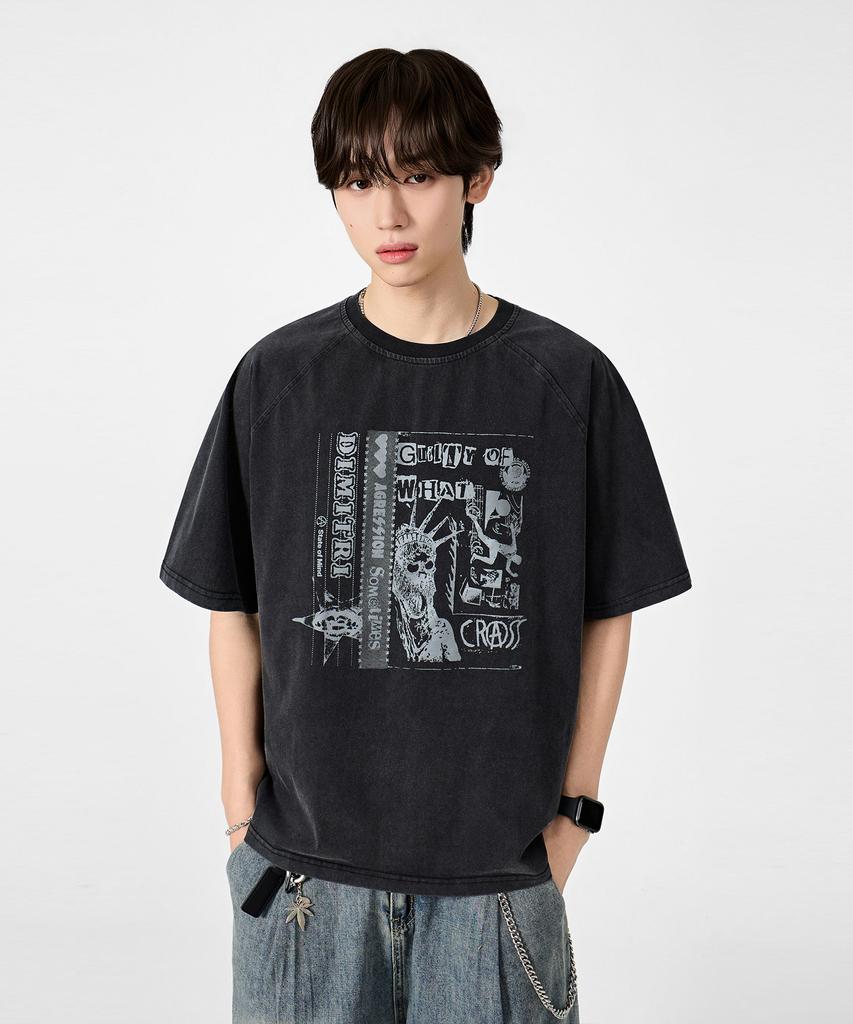 Dimiteulibeullaeg T-shirt à Manches Courtes Blocs de Couleur Raglan Œuvre d'Art Pigmentée_Charbon