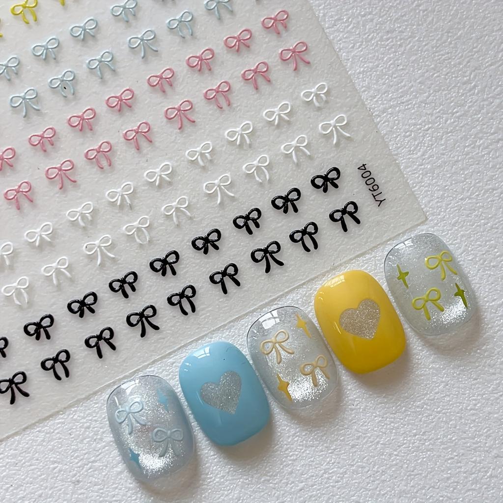1pc Embossed Colorful Bow Nail Stickers, Multicolor Simple Decoration Decals for DIY Nails Small Bow Patterns