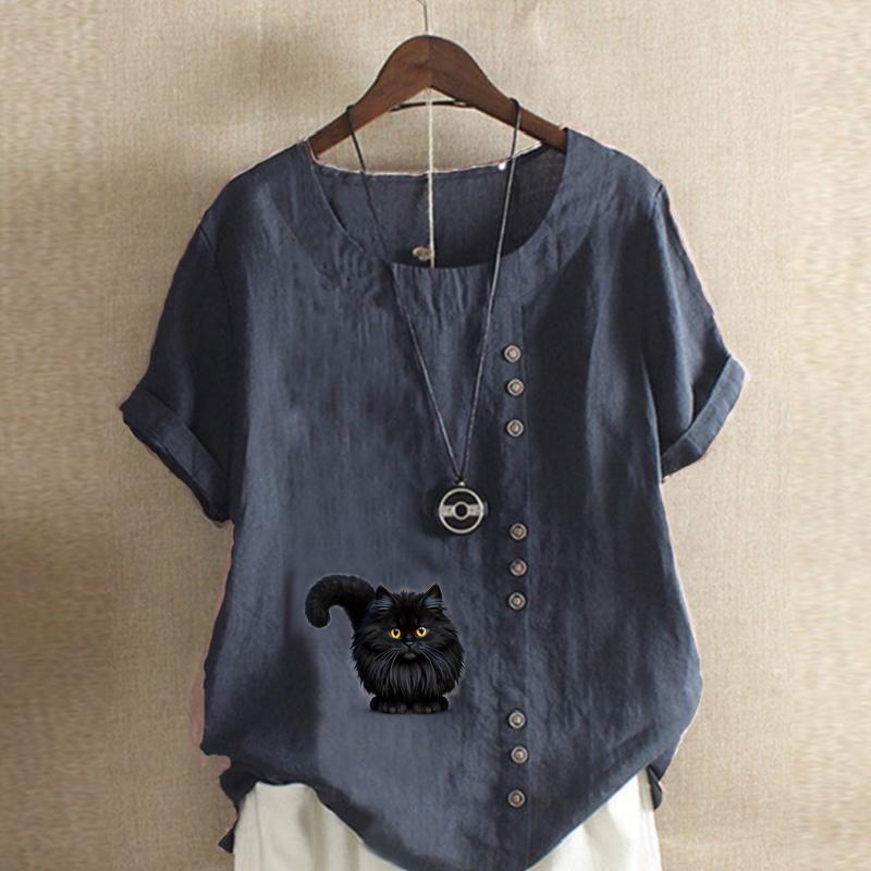 Women's Fashion Black Cat Prined Round Neck Short Sleeve T-shirt Casual Cotton Linen Graphic Shirt Leisure Loose Summer Blouse Tops