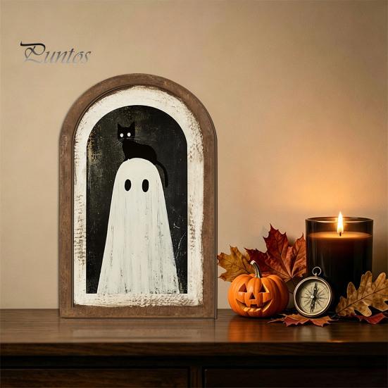 Cute Ghost Arch Shaped Sign Halloween Wall Decor, Table Sign, Vintage Framed Fall Season Decorative Accent Picture, Art for Mantel Living Room Bedroom