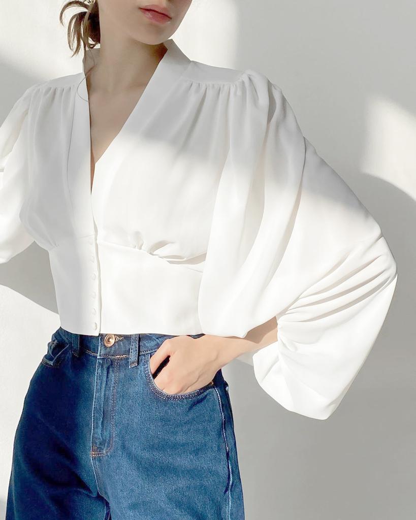 Spring French V-neck Shirt Slim Fit Long Sleeved Top For Women